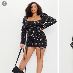 🖤 Polka Dot Puff Sleeve Ruched Bodycon Dress